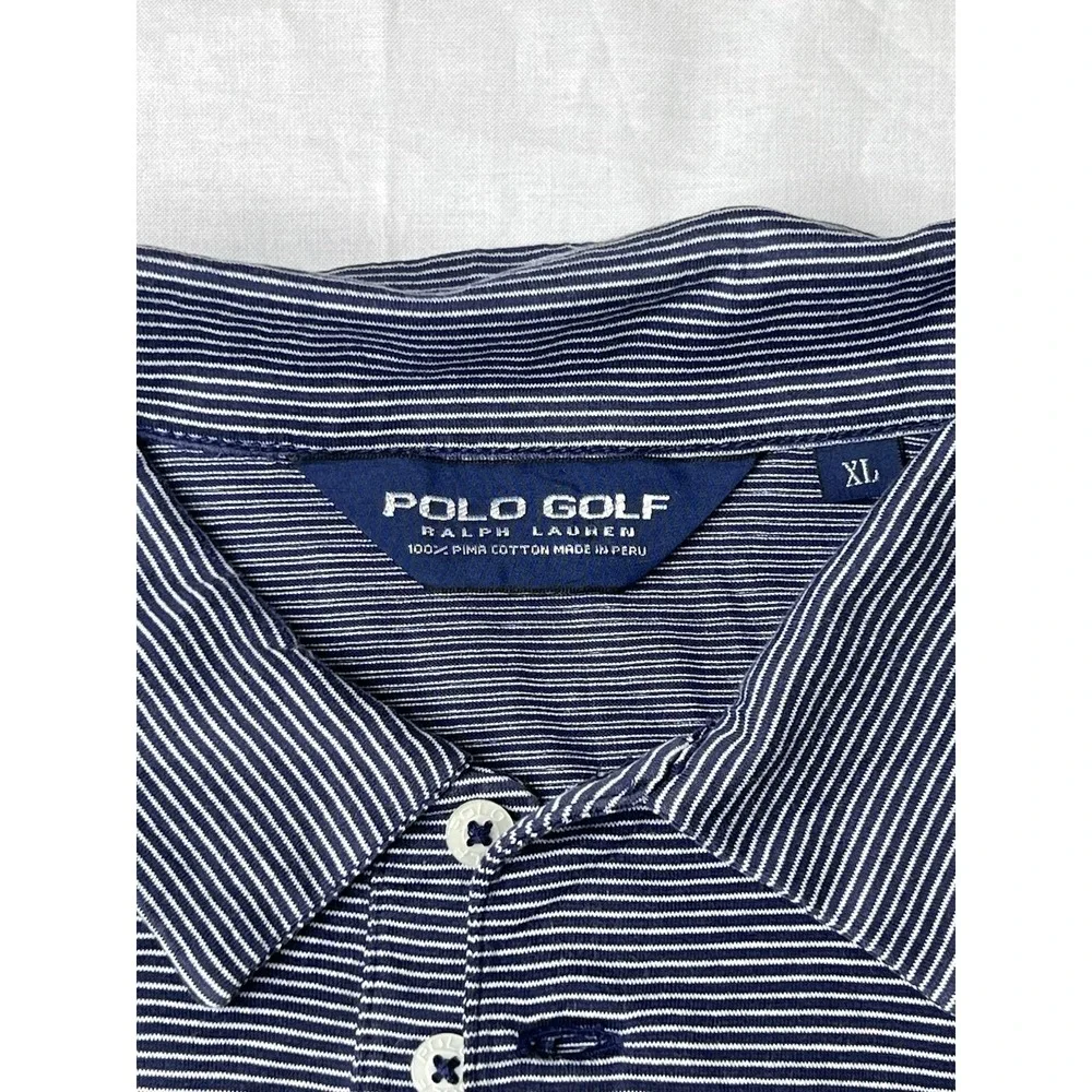 POLO GOLF RALPH LAUREN Mens XL Striped‎ Navy Blue Pima Cotton Polo Shirt